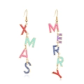 Colorful XMAS and MERRY alphabet Christmas earrings with gold plating on white background - Alphabet