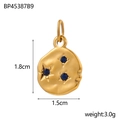 Detailed view of a wavy gold round pendant with three blue gems and size measurements - Dark Blue Rhinestone Style (BP45387B9)