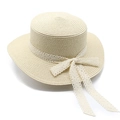 Elegant beige straw boater hat with delicate lace ribbon bow and flat top crown - M (56-58cm) / Beige