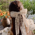 Eleganter weißer Spitzen-Haarclip mit Schleife und Bändern im Freien getragen - Beige