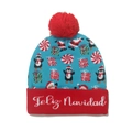 Detailed blue Christmas knit hat with festive patterns and Feliz Navidad embroidery - 56-60cm / Style K(ZZM61)