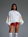 Loose white hoodie featuring colorful gradient wing sleeve prints and full zip closure - S / White (Thin)