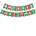 Merry Christmas banner with red and green plaid bunting and festive cartoon icons - HY-Banner-03-Plaid Triangle
