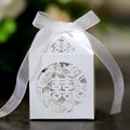 White laser-cut Chinese wedding candy box with dragon, phoenix and ribbon bow - White