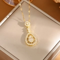 Golden titanium steel necklace with hollow teardrop pendant and sparkling zircons - A0112 Gold Waterdrop