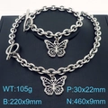 Set gioielli farfalla in acciaio titanio con nappe lunghe, strass e chiusura a OT - Stile Farfalla con Strass (KS221183-Z) / Color Acciaio
