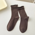 Dark coffee brown ruffled socks for women made of premium combed cotton knit - Mocha
