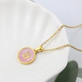 Pink shell round pendant necklace with golden letter B in minimalist stainless steel - Pink-B