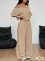 Women's 2-piece lounge set with khaki wide leg pants and matching loose top view - S / Khaki
