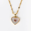 Detailed view of golden heart pendant featuring white shell inlay and pink center stone - Heart Nested Pink Gem Style (Style 7 Gold) / Gold
