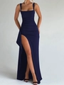 Abito longuette blu scuro attillato con scollo quadrato e spacco alto con volant eleganti - XS / Blu navy