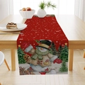 Red Christmas table runner featuring a snowman and festive linen texture pattern - Red Snowman Tree Gift (ZQ26-19)