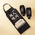 Black waterproof apron and oversleeves set with checkered pockets for cooking - Black (Apron + Sleeves Set)