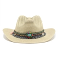 Détail d'un chapeau de cowboy en paille avec perles ethniques, pierre turquoise et pompon - M (56-58cm) / Poche zippée