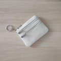 White lychee pattern genuine leather coin purse with double zippers and metal keychain - White