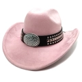 Detail of pink faux suede cowboy hat with studded leather band and rhinestone oval buckle - M (56-58cm) / Deep Pink