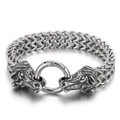 Herrenarmband aus silbernem Edelstahl mit Doppeldrachenkopf-Design und geflochtener Kette - Doppelter Drachenkopf-Stil (KB139883-KJX)