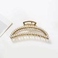 Elegant semi-circular gold metal hair claw clip with double rows of white pearls - Semi-circle Style (F-013)
