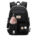 Black waterproof nylon school backpack with a pink plush bunny charm and white contrast zippers - With Pink Rabbit Charm / Black