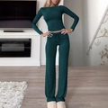 Women's deep green yoga set featuring a long sleeve top and high waist tie pants - XS / Green