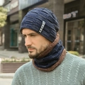 Conjunto de gorro y bufanda de punto azul marino forrado con felpa para invierno - Azul marino