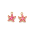Pair of pink enamel starfish alloy pendants with golden edges and top hanging loops - Rose Red