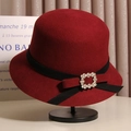 Elegant deep red wool cloche hat with black ribbon and sparkling rhinestone buckle - Burgundy