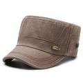Men's vintage washed coffee brown flat top military cap with metal Yiming logo - Coffee