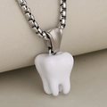 Hip hop style stainless steel box chain necklace with 3D white tooth pendant - White