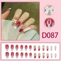 Press-on nails D087 burgundy red flame design with white 3D bow and cross patterns - D087 (Glue Type)