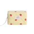 Quilted yellow striped makeup bag with strawberry print and side carrying handle - Pillow Bag / Yellow Strawberry Pillow Bag