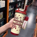 Creamy floral stainless steel coffee tumbler with red roses and a portable wrist strap - Beige Red