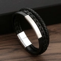 Bracciale da uomo in pelle nera a doppio strato con piastra in metallo e chiusura magnetica - Acciaio inossidabile/Pelle / Nero + Argento
