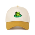 Detail of embroidered green frog on lily pad on a beige and tan trucker baseball cap - Off-White and Mustard Yellow