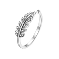 Adjustable silver feather ring with sparkling white cubic zirconia stones in minimalist style - White Gold Leaf Design