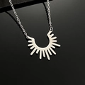 Minimalist silver sunflower pendant necklace with geometric sunburst on black background - Half Round Sunburst Pendant (2993) / Steel Color (Stainless Steel)