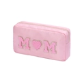 Pink chenille MOM patch cosmetic bag with gold glitter trim and heart detail - M / Light Pink