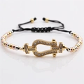 Drei-Farben-Gold Hufeisenschnalle Zirkon geflochtenes Armband für Damen im 45 Grad Winkel - Schwarzes Seil + Mehrfarbige Perlenkette