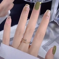 Olijfgroene geruite kunstnagels met gouden glitters en verstelbare open ring goud - Lijm Type / Olijfgroen Geruit Glitter Stijl (Y-76)