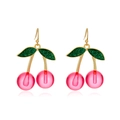 Cute cherry earrings with translucent pink fruits and glittering green leaves on gold hooks - Water Pink Glitter Peach (8094)
