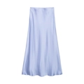 Detail of light purple satin midi skirt showing smooth silk texture and A-line silhouette - Light Blue