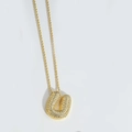 Gold plated puffy U-letter necklace with shimmering clear stones on twisted chain - Letter U