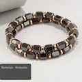 Men's double-layer hematite bead bracelet with hexagonal stones and gold accents - 20122212 Black Gold Hematite