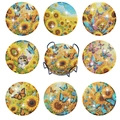 8-piece set of DIY diamond painting coasters with sunflower patterns and a black metal holder - Butterfly Cat Sunflower Style