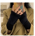 Winter long faux mink fur fingerless gloves in black with knitted wrist cuffs - Black