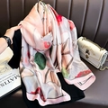 Elegant long floral silk scarf in pale pink with red blossoms and smooth satin finish - 90*180cm / Pink