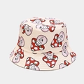 Close-up of beige cotton bucket hat featuring cute cartoon mushroom pattern with neat stitching - M (56-58cm) / Beige