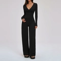 Women's black long sleeve V-neck yoga set with high waist wide leg pants - S / Top And Bottom / Premium Black