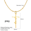 Golden stainless steel faith cross necklace with beaded chain and size measurements - Pray / Gold