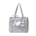 Silver satin tote bag with lace ruffles and bow ribbon detail on white background - Silver